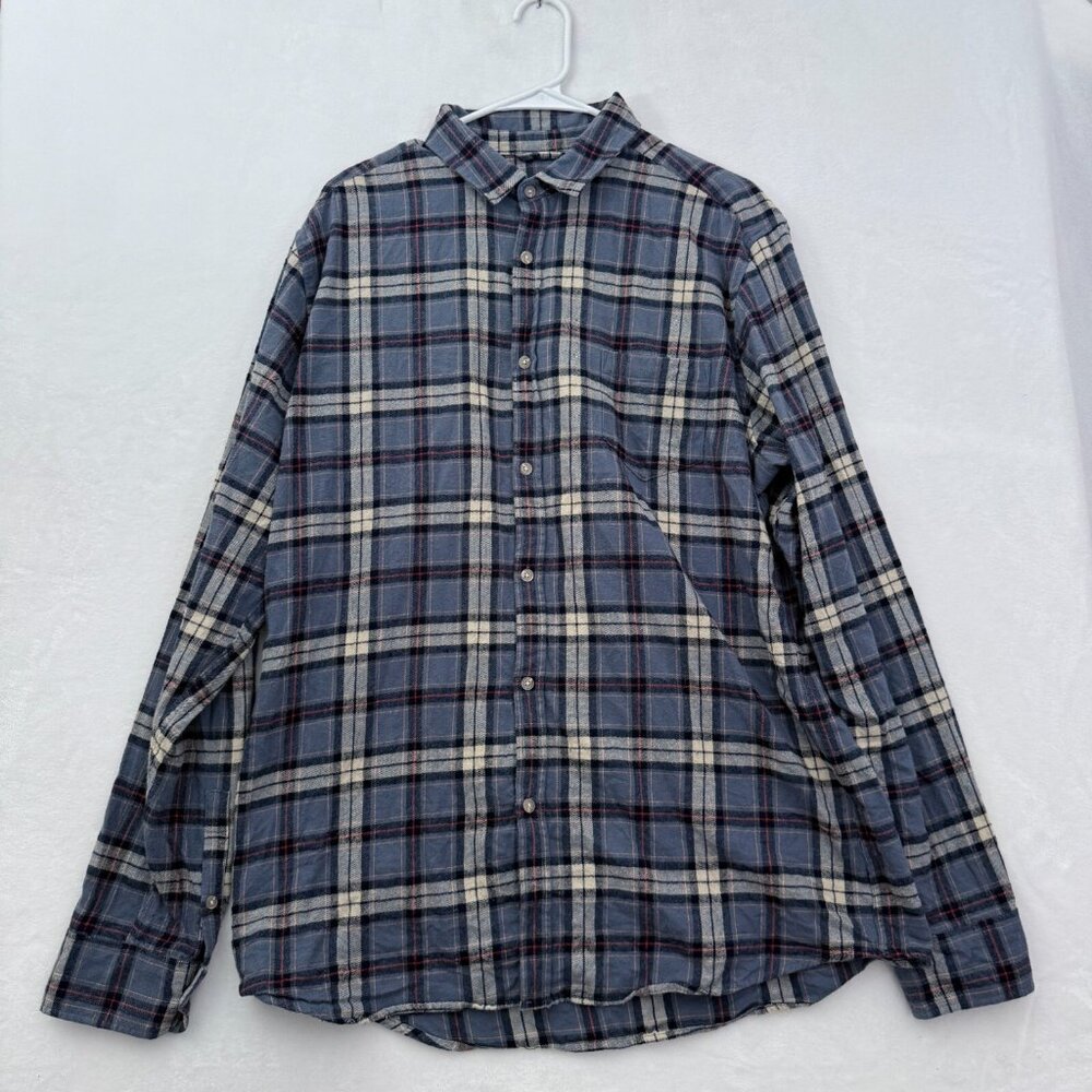 Marine Layer Flannel Shirt Mens L Blue Plaid Pocket Casual Outdoor Button Up